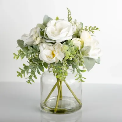Watered White Peony Bouquet in Glass Vase