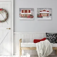 Red Truck Christmas Canvas Art Prints, Set of 2