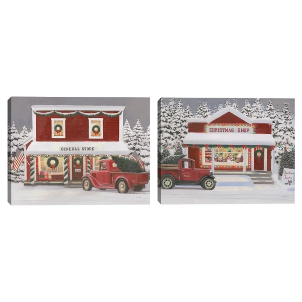 Red Truck Christmas Canvas Art Prints, Set of 2