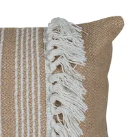 Tan and White Hand Woven Fringe Lumbar Pillow