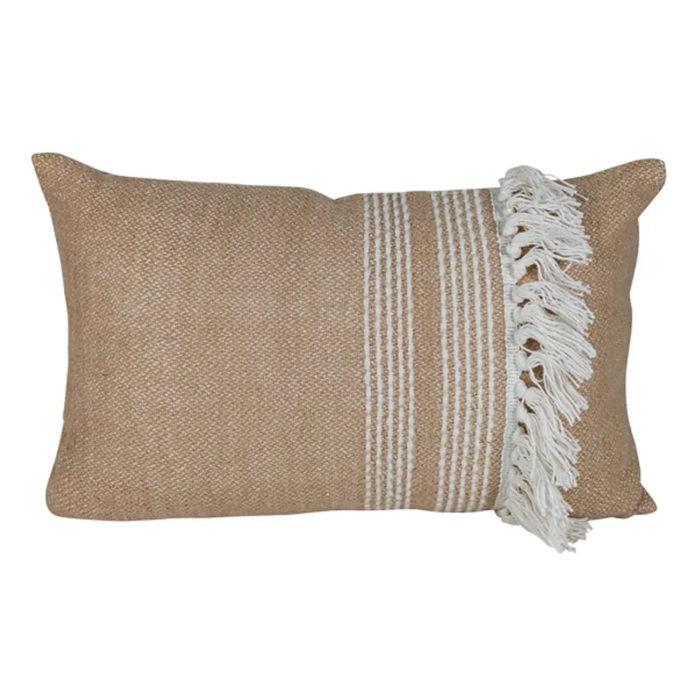 Tan and White Hand Woven Fringe Lumbar Pillow
