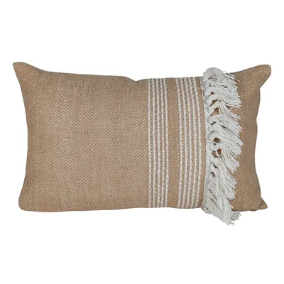 Tan and White Hand Woven Fringe Lumbar Pillow