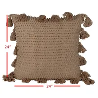 Tan Hand Woven Knot Pillow with Tassels, 24 in.