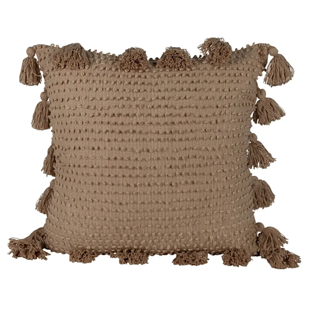 Tan Hand Woven Knot Pillow with Tassels, 24 in.