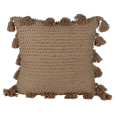Tan Hand Woven Knot Pillow with Tassels, 24 in.