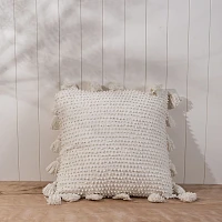 White Hand Woven Knot Pillow with Tassels, 24 in.