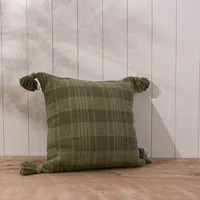 Olive Plaid Tassel Throw Pillow