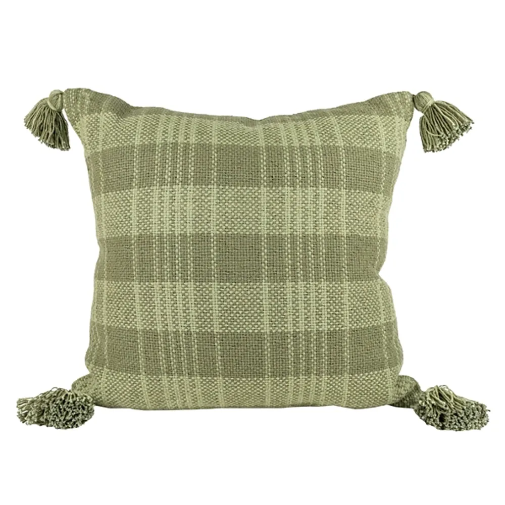 Olive Plaid Tassel Throw Pillow