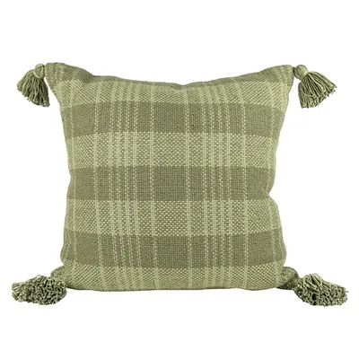 Olive Plaid Tassel Throw Pillow