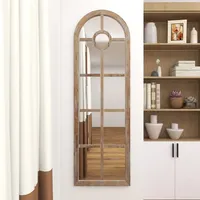 Brown Wood and Glass Arched Windowpane Mirror