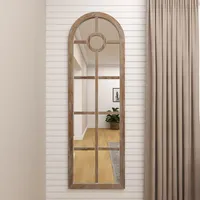 Brown Wood and Glass Arched Windowpane Mirror