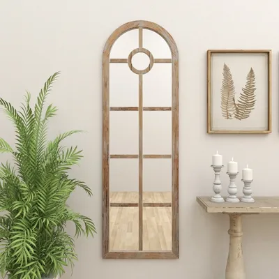 Brown Wood and Glass Arched Windowpane Mirror