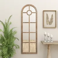 Brown Wood and Glass Arched Windowpane Mirror