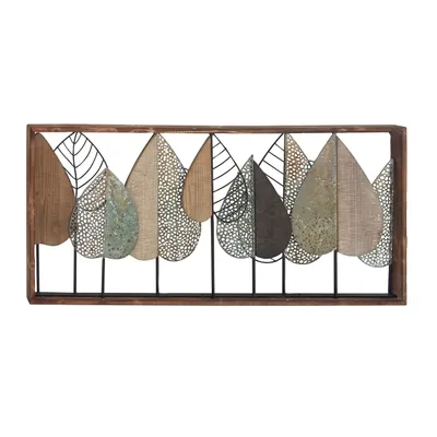 Brown Metal and Wood Leaves Wall Plaque