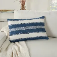 Navy Woven Stripe Reversible Outdoor Lumbar Pillow