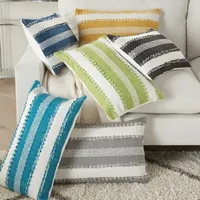 Navy Woven Stripe Reversible Outdoor Lumbar Pillow