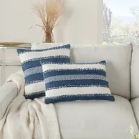 Navy Woven Stripe Reversible Outdoor Lumbar Pillow