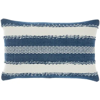 Navy Woven Stripe Reversible Outdoor Lumbar Pillow