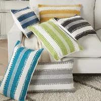 Turquoise Woven Stripes Outdoor Lumbar Pillow