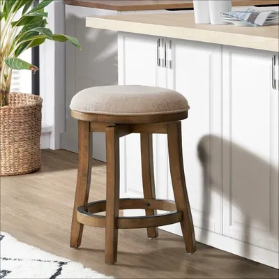 Natural Linen Barrel Base Swivel Counter Stool