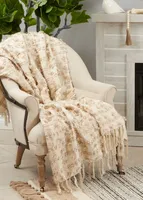 Beige Dotted Fringe Throw Blanket