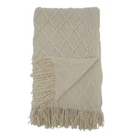 Knitted Beige with Fringe Throw Blanket