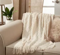 Knitted Beige with Fringe Throw Blanket