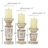 White Carved Wood Candle Holders, Set of 3