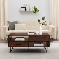 Brown Wood & Black Metal Hairpin Legs Coffee Table