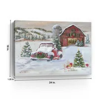 Snowy Farm with Truck Christmas Canvas Art Print