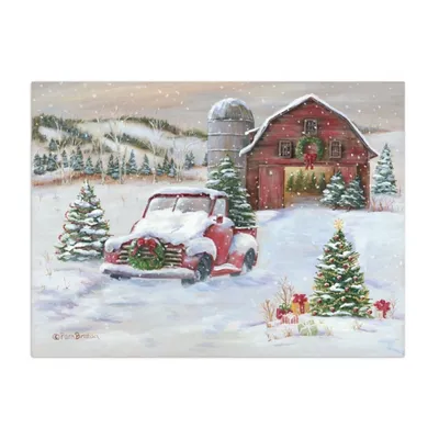 Snowy Farm with Truck Christmas Canvas Art Print