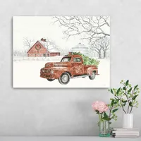 Red Truck and Red Barn Christmas Canvas Art Print