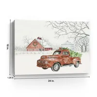 Red Truck and Red Barn Christmas Canvas Art Print