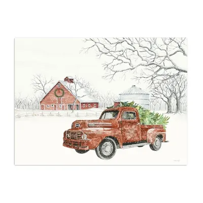 Red Truck and Red Barn Christmas Canvas Art Print