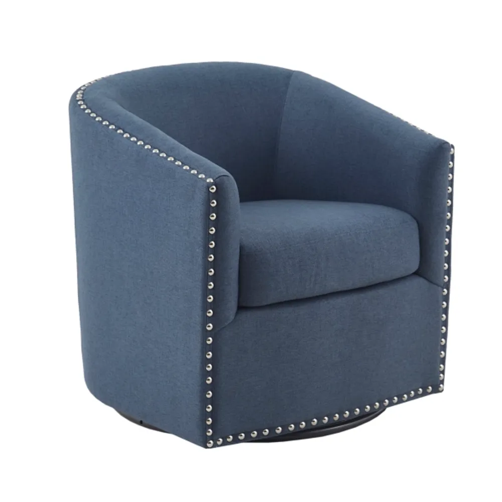 Navy Upholstered Nailhead Swivel Accent Chair