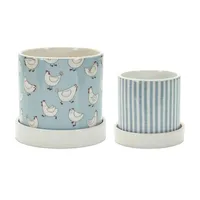 Blue Striped and Chicken Decorative Pots, Set of 2
