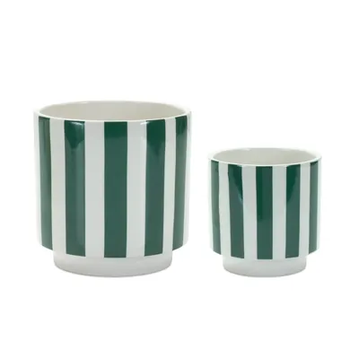 Green and White Striped Decorative Pots, Set of 2