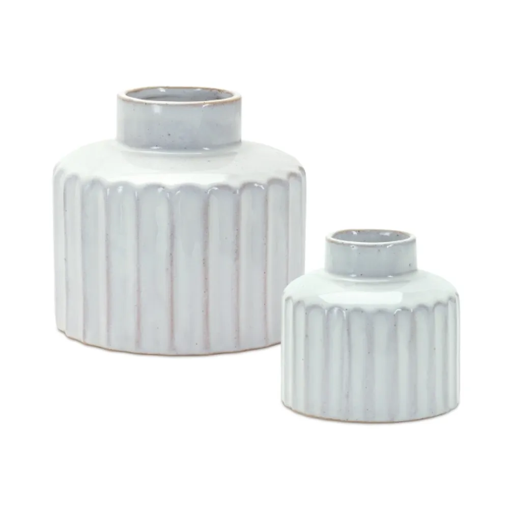 White Porcelain Ribbed Vases, Set of 2