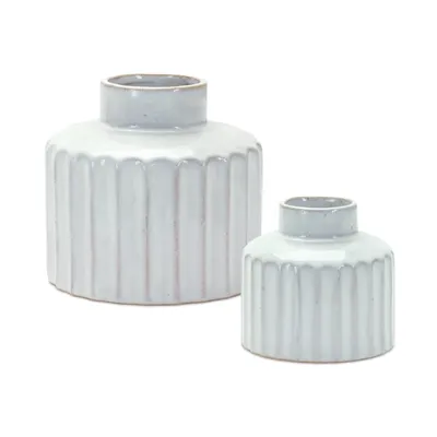 White Porcelain Ribbed Vases, Set of 2