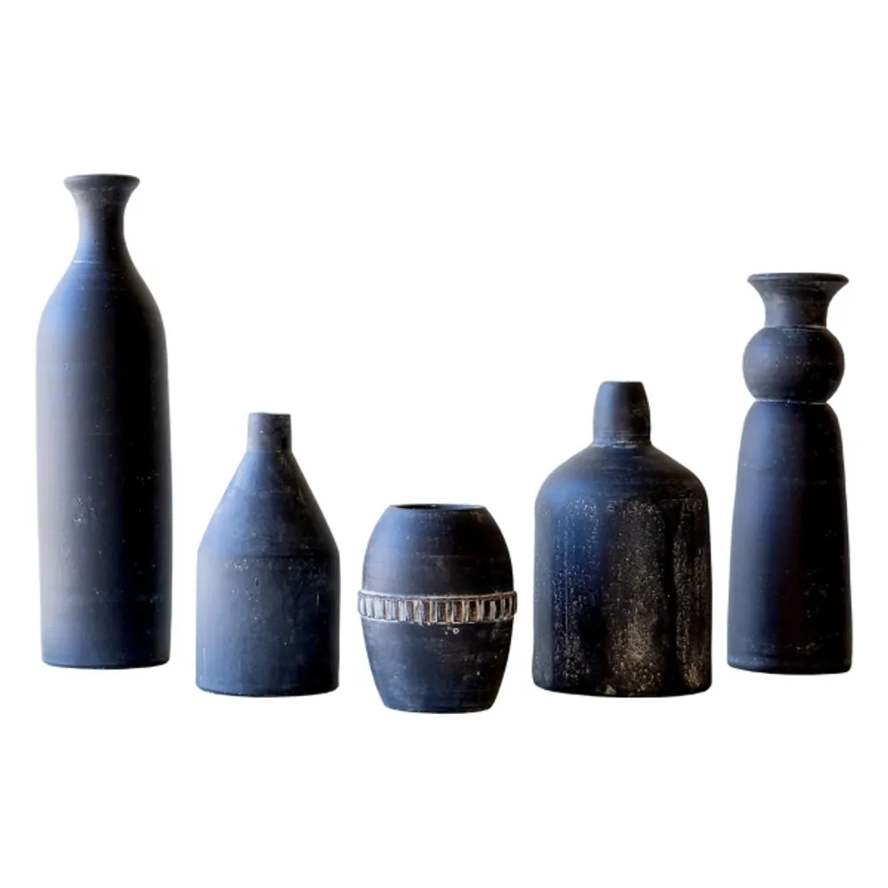 Black Modern Clay Vases, Set of 5