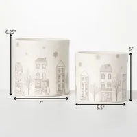 Ivory Christmas Village Planters, Set of 2