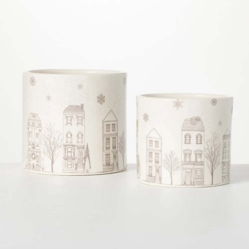 Ivory Christmas Village Planters, Set of 2