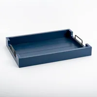 Navy Slatted Wood & Metal Handles Tray