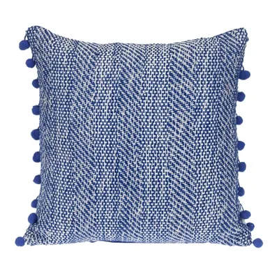 Blue Woven Pom Pom Pillow