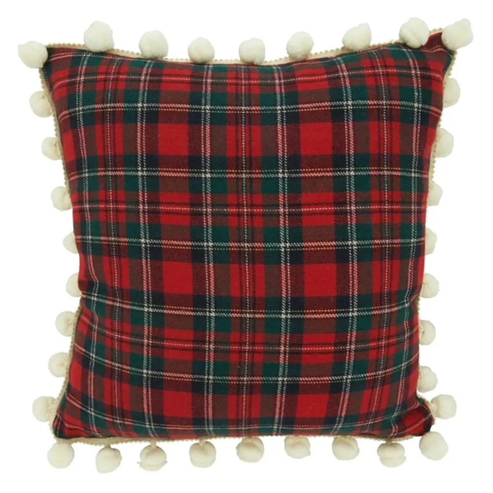 Red Plaid and Pom Pom Pillow