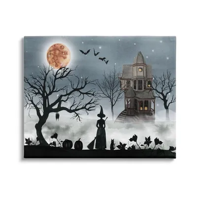 Haunted House Witch Scene Canvas Wall Plaque