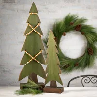 Green Wood Christmas Tree Statues, Set of 3