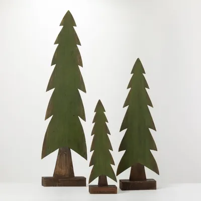 Green Wood Christmas Tree Statues, Set of 3