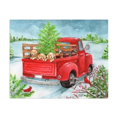 Holiday Puppies in Truck Canvas Art Print