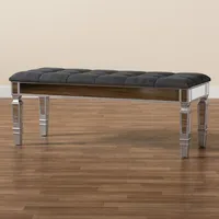 Gray Button Tufted Bench with Mirrored Base